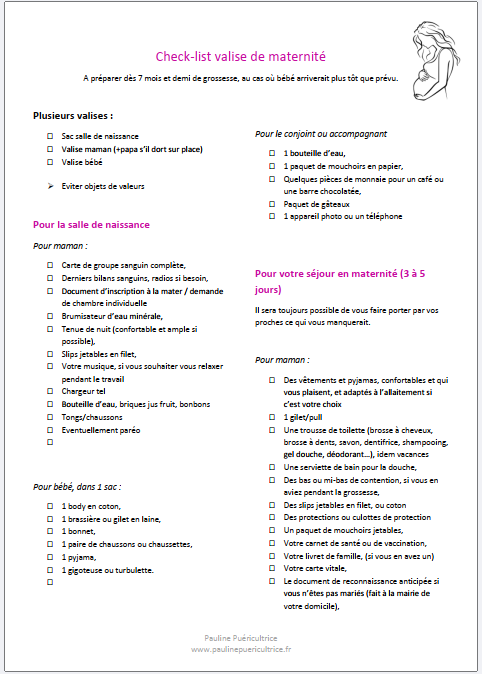 liste à cocher valise maternité, salle de naissance, pour maman et pour bébé